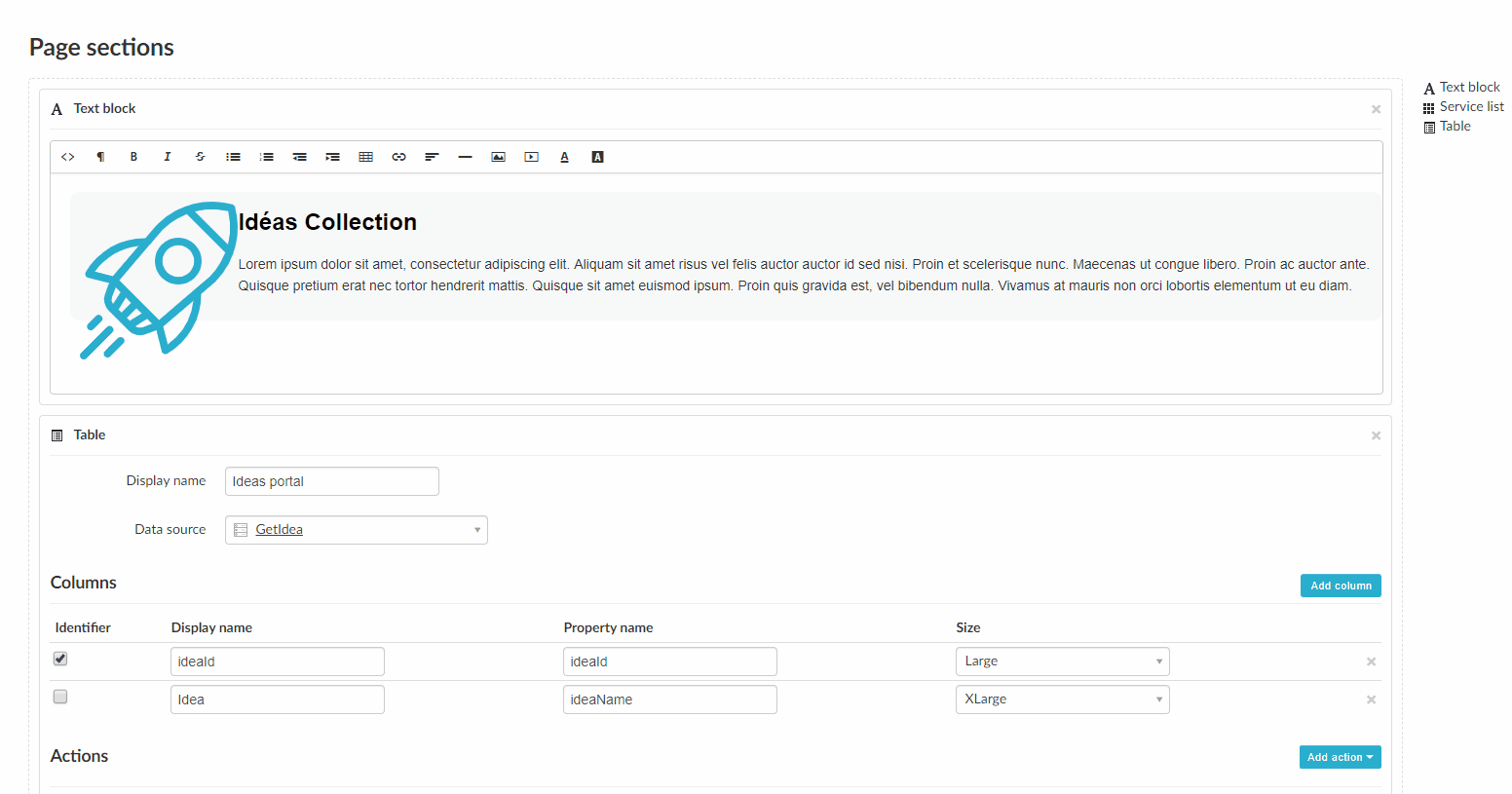 Customize table and add actions to page