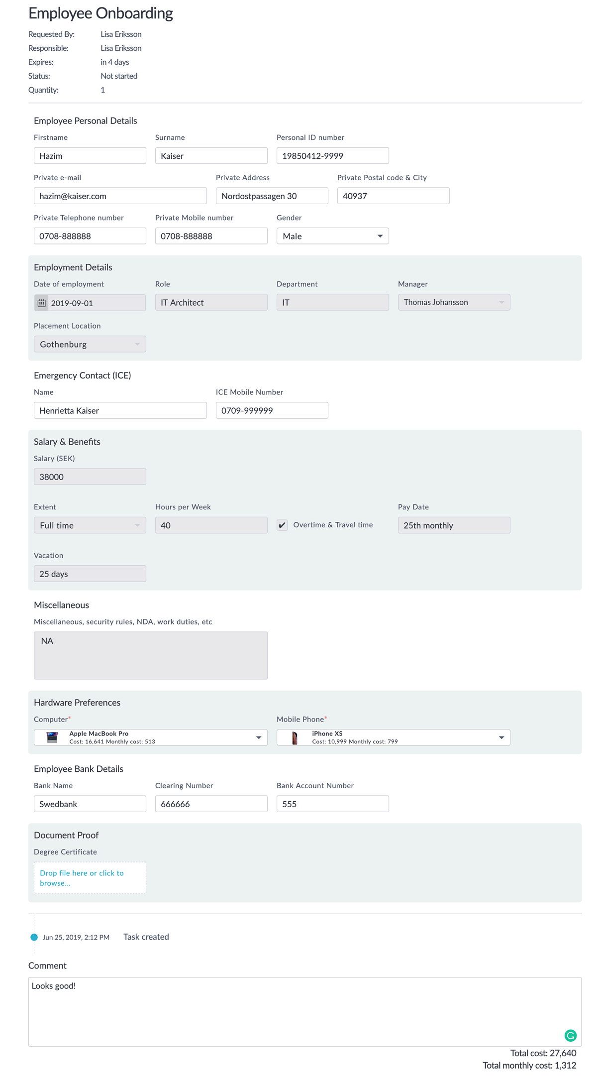 Employee fills out form