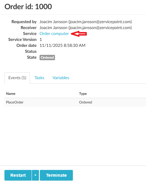 Navigate directly to the ordered service