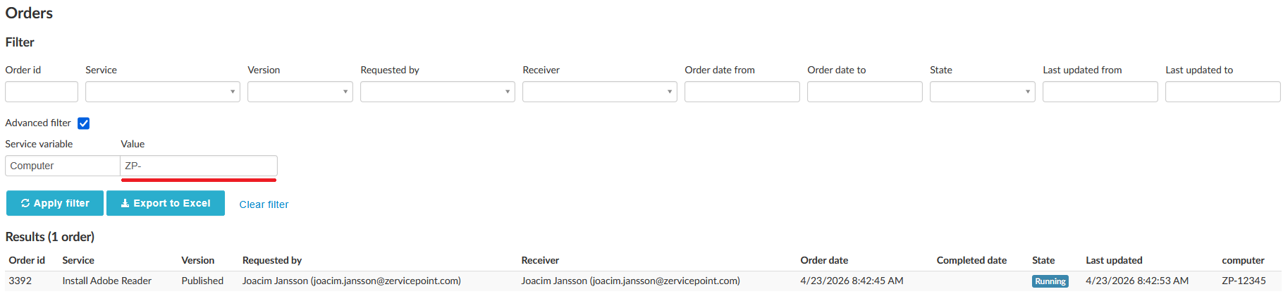 Filter orders based on the value of your service variable